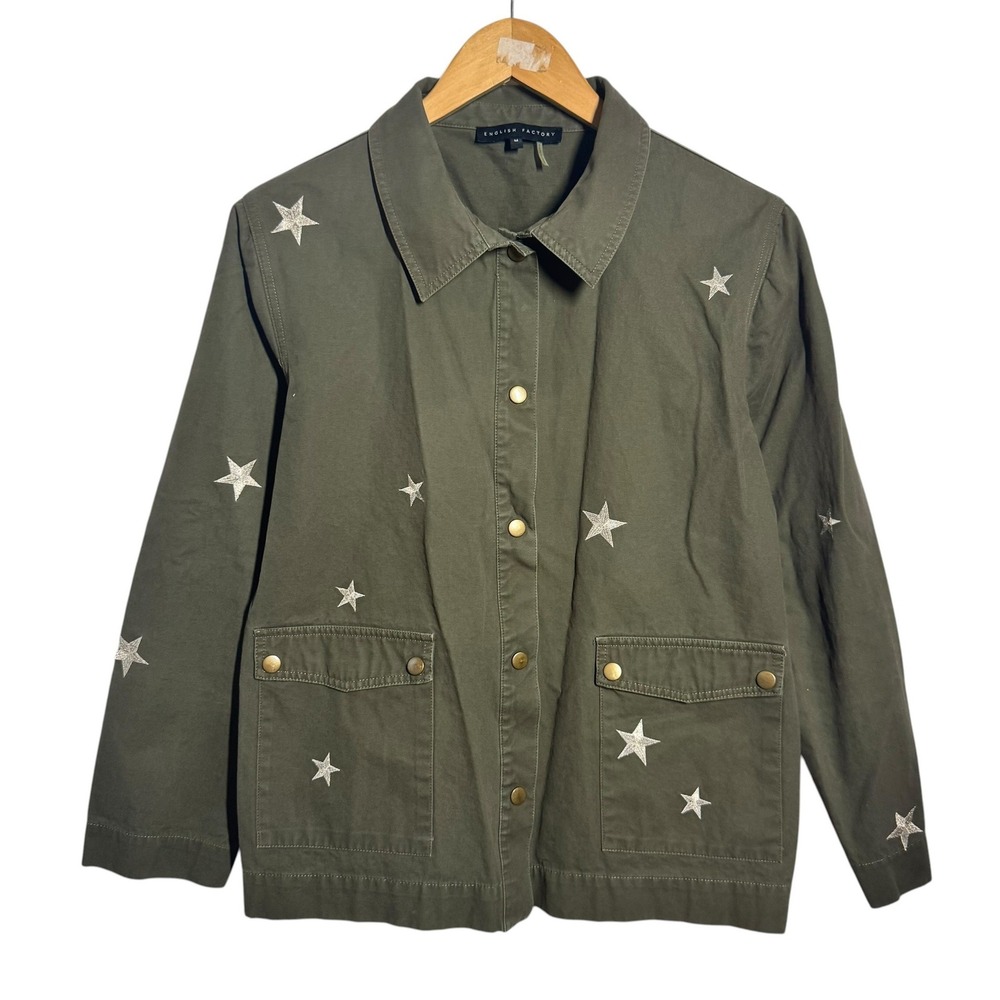 English Factory Military Green Star Embroidered Utility Shacket Jacket Women M